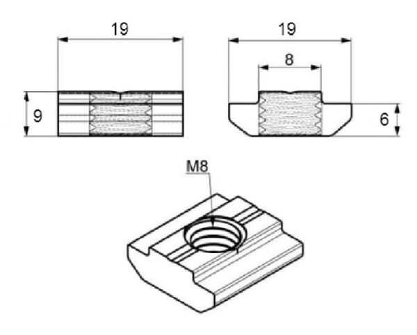 Tuerca Para Perfil Vslot Y Tslot – M8 4040/8080 (20x19x19mm) - Imagen 2